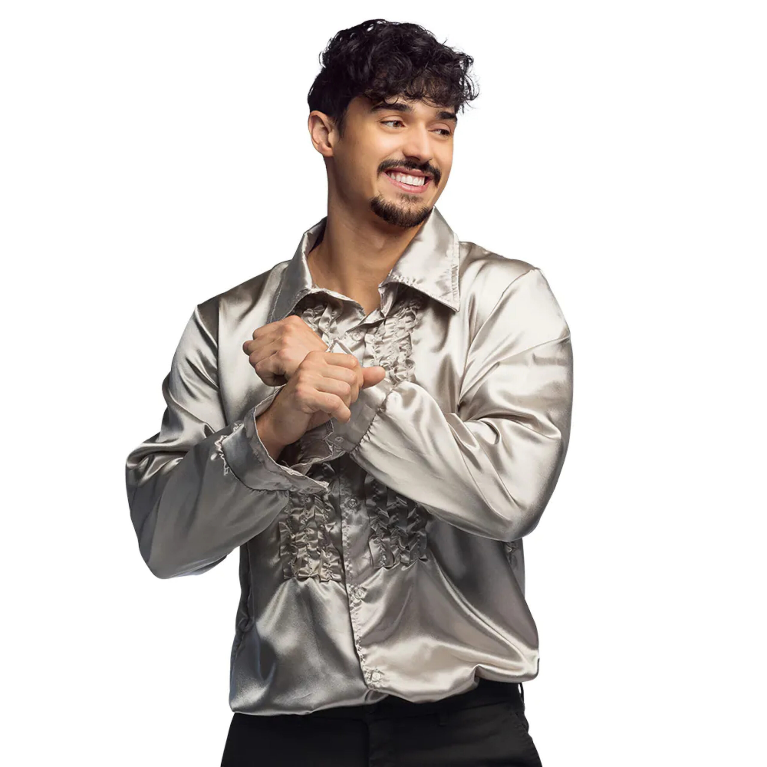 Boland Disco shirt - zilver - met ruffles - polyester - party overhemd - disco/seventies